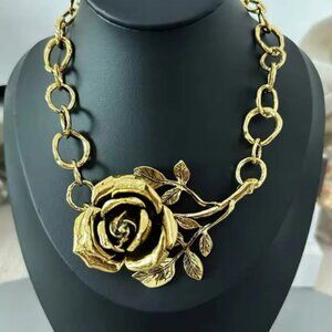Zara Metallic Rose Elegance Gold Bold Floral Statement Necklace